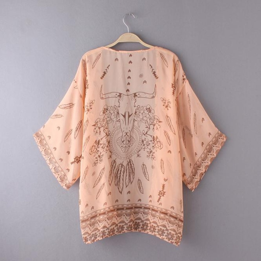 Boho skull print open front kimono with sleeves - Picture 7 of 8